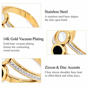 แหวนวงเปิดสีดำขาว ดีไซน์ดิสก์ สแตนเลสสตีล ชุบทอง 14K แบบสุญญากาศ ประดับเพชรซิร์คอน - Product Image 3