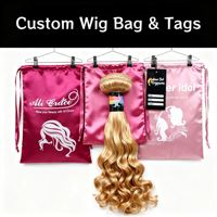 Sacs d'emballage de luxe pour cheveux avec logo personnalisé, extensions de cheveux en satin, perruques, lots, poche de rangement en soie avec cordon de serrage, étiquette suspendue tout-en-un