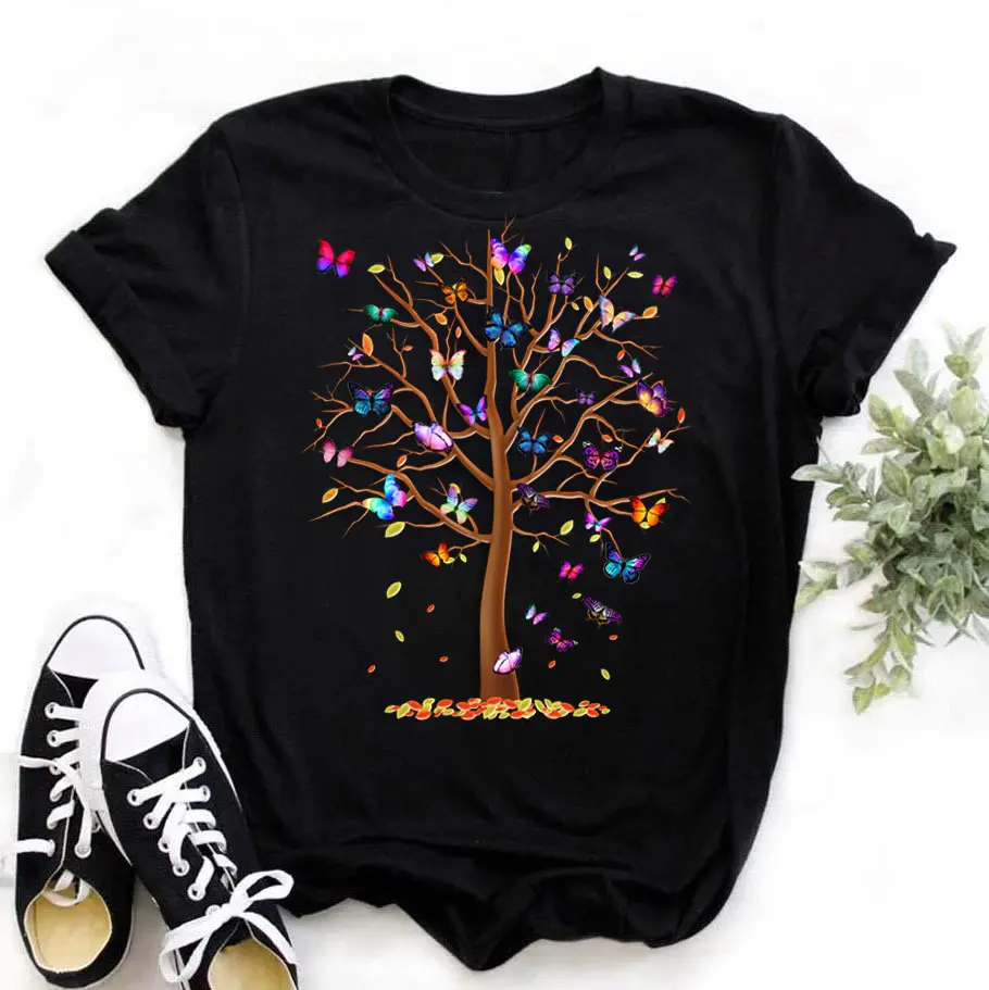 T-shirt col rond noir pour femme, estival et décontracté, avec papillon et arbre imprimé, Harajuku