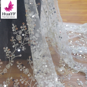 Yeni fransız beyaz ayna Sequins 3d boncuklu dantel parlayan nakış Net gelin düğün dantel elbise kumaş HY1335 - Product Image 5