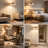 Lampe sur pied moderne à effet bois, finition or rose, avec base ronde en métal, design minimaliste pour salon