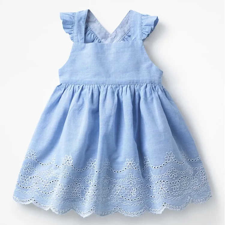 Wholesale casual EVEN DRESS pink cotton linen embroidered flower baby girl sdresses