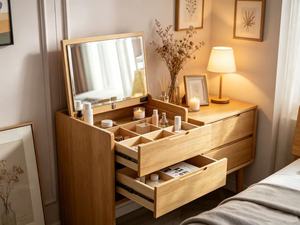 Premium Solid Oak Integrated Dressing Table Fluted Glass Cabinet Multi Open Storage Makeup <b>Vanity</b> With Stool - Product Image 2