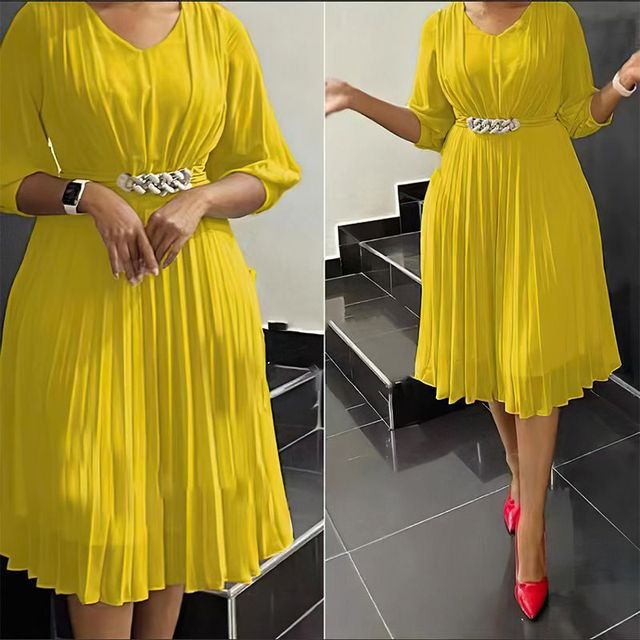 Wholesale Ladies Dress With Belt Women's Clothing Party Pleated Dress Sleeve Women's Dresses