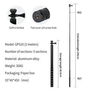 Perche à <span class=keywords><strong>selfie</strong></span> en gros pour fabricants, compatible avec les caméras sportives GoPro, perche d'extension portable pour prise de vue en extérieur - Product Image 2