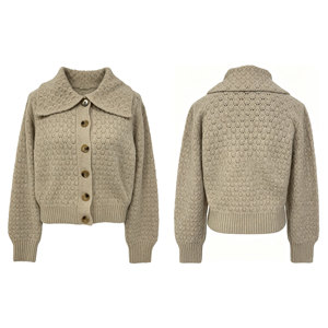 Cardigan en tricot texturé à bulles couleur beige avoine pour femme, col Peter Pan, coupe courte, style décontracté et preppy, personnalisable OEM - Product Image 4