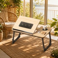 Table d'ordinateur portable à double ventilateur, pliable, en bois, avec 5 niveaux de hauteur et d'angle réglables, cadre métallique, plateau pour lit et canapé, utilisation à domicile ou au bureau