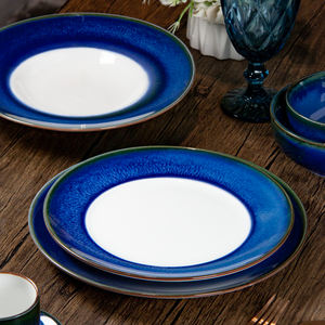 Ensemble de vaisselle en porcelaine artisanale pour restaurant, assiettes et bols, vaisselle en céramique bleue à glaçure réactive, fabricant de vaisselle - Product Image 3