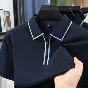 Polo de manga corta para hombre, de algodón de color liso, con media cremallera, informal, fresco para verano, de alta calidad, con cuello tipo solapa - Product Image 6