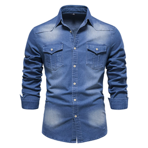 Camisa de manga larga <span class=keywords><strong>sin</strong></span> planchar de mezclilla de Color sólido informal para hombre, tela vaquera de algodón 95%, cuello abotonado, talla americana de gran tamaño - Product Image 2