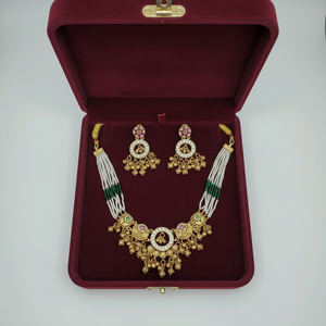 Traditional Silver Green White <b>Beaded</b> Choker Necklace <b>Set</b> Kundan Work and Hanging Drops Matching Earrings Ethnic Jewelry - Product Image 3