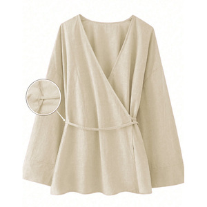 Women's Cotton Wrap Blouse V-Neck Full Sleeve Long Bohemian Regular Fit Simple Spring Summer Breathable Solid Color <b>Top</b> - Product Image 5
