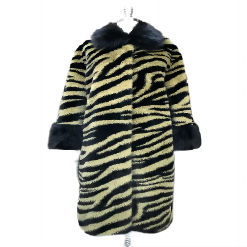 Şerit renk Zebra tasarım uzun Toscana uzun kazık Faux kürk Faux kürk uzun palto bayanlar kış kadınlar için sonbahar kış