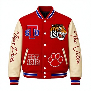 Chaqueta Varsity Roja Personalizada con Parches de Chenilla, Bordado y Mangas de Cuero en Contraste - Product Image 1