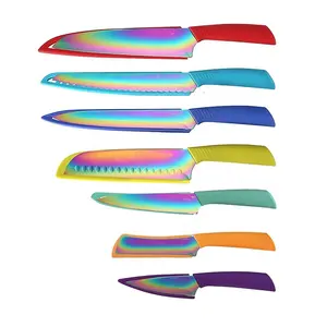 高碳不锈钢厨房5件彩色彩虹刀套装带礼品盒彩虹色餐具刀具套装