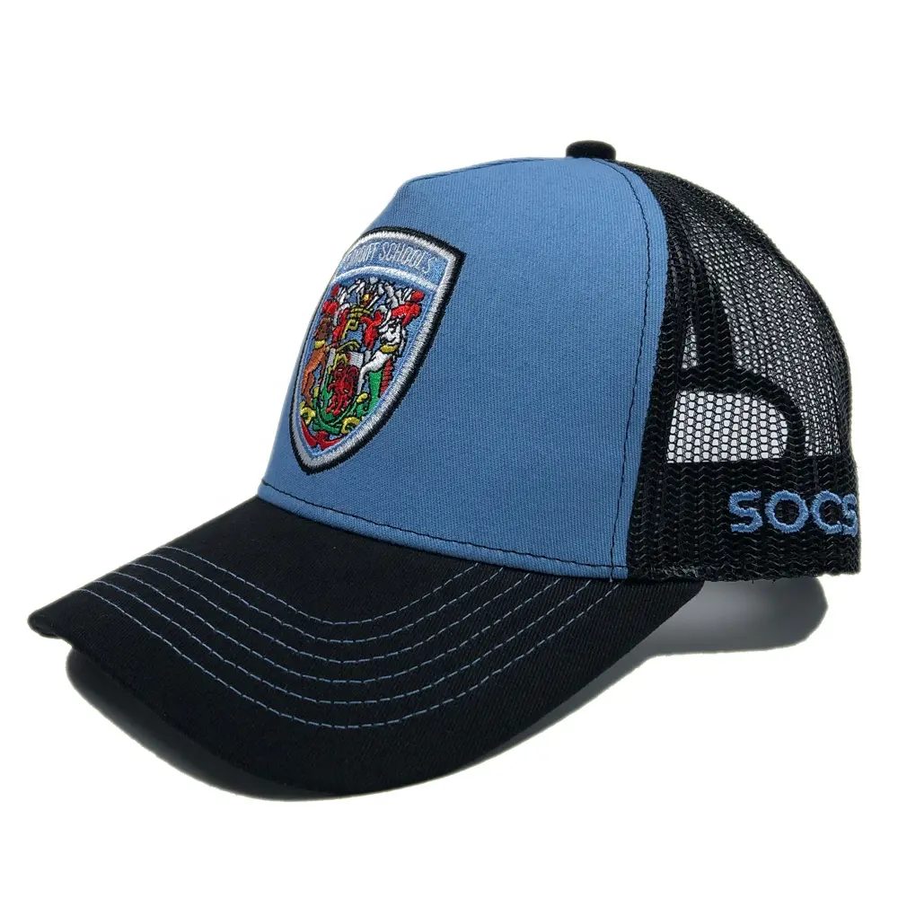 OEM fashion design cotton back plastic buckle 2 tone sports caps with embroidery logo custom 5 panel mesh hat and trucker cap