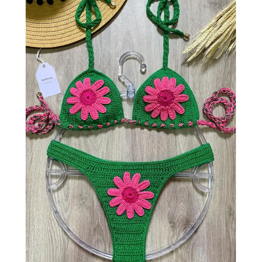 Kadın moda seksi moda pembe çiçek el yapımı yeşil tığ pamuk mayo Beachwear brezilya mikro Bikini setleri mayo