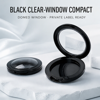 Boîtier compact rond en PP noir avec fenêtre transparente pour poudre pressée, emballage cosmétique personnalisable avec logo