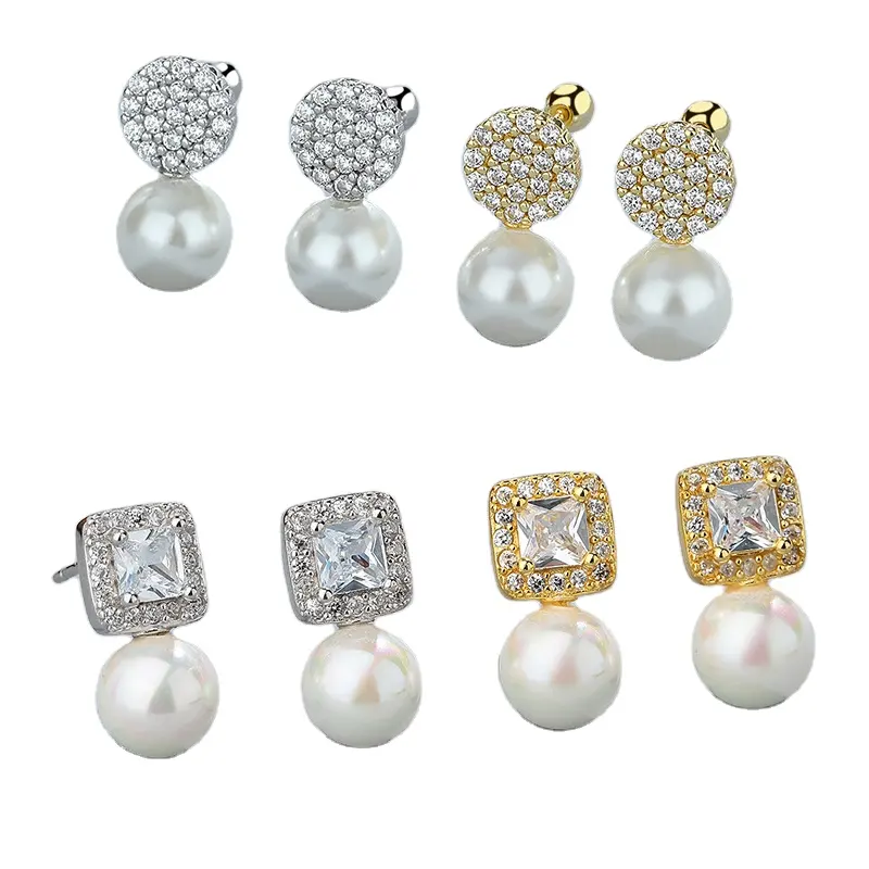 OEM Moda S925 Sterling Silver Dangle Pearl Pendant Elegante Zircon Brincos 18k Gold Platinum Plated Jóias Presentes para Mulheres