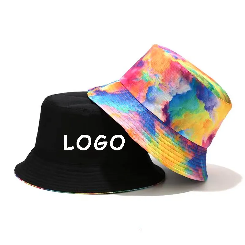 Vente en gros LOGO personnalisé Fashion Tie dye Printing Colorful Rainbow Bucket Hat Double Face Reversible Custom Bucket Hats