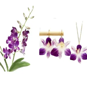 Conjunto de joias de colar de brincos de resina epóxi com flor de orquídea roxa preservada em ouro feito à mão