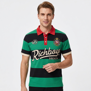 Green <b>Black</b> Men's Striped Short Sleeve Polo Shirt Preppy Style With Logo Contrast Trim Regular Fit - Product Image 6