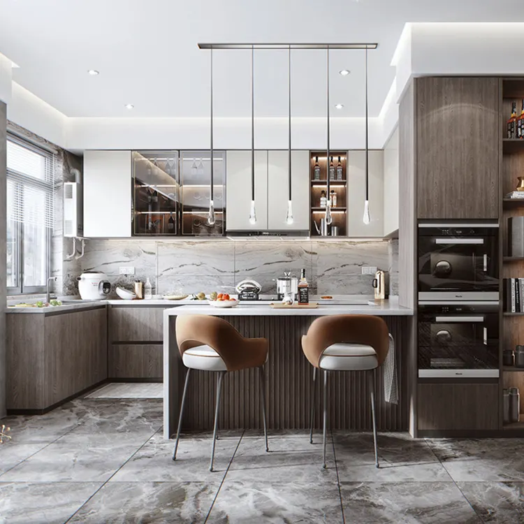 KUCU L shaped kitchen with island design cabinet kitchen island modern glass kitchen island wood
