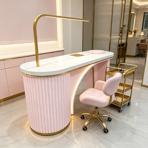 Table de manucure en marbre rose doré de luxe léger avec éclairage LED incurvé, mobilier de salon pour bar à ongles - Product Image 5