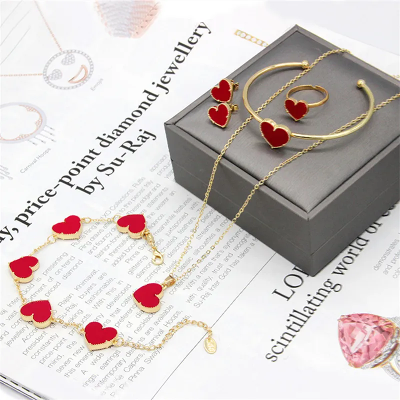 Gioielli di moda 5 pz/set placcato oro regolabile cuore collana orecchini braccialetto braccialetto anello Set accessori per le donne