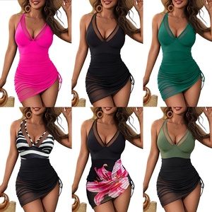 Maillot de bain une pièce pour femme, effet ventre plat, avec paréo transparent en maille amincissant - Product Image 1