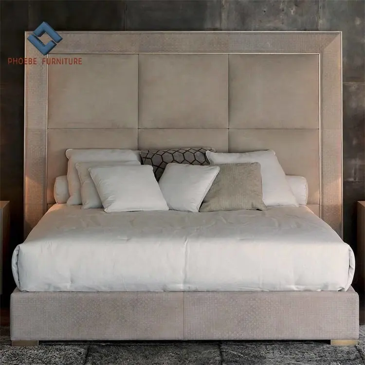 Luxury simple modern leather upholstered double bed frame king size with padded wall-like headboard