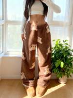 Pantalon large pour femme, doublé thermiquement, imprimé ours mignon, chaud et confortable pour l'hiver, moelleux et douillet