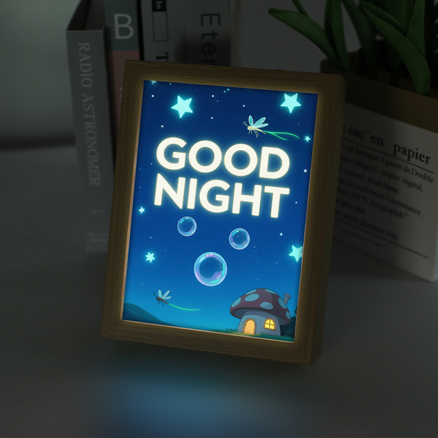 Custom Sublimation Blanks Anime Acrylic LED Night Light Picture Frames With Warm Color Wood Base
