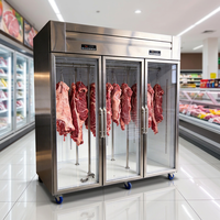 Réfrigérateur commercial à 3 portes pour viande, en acier inoxydable, pour boucherie, avec crochets, porte vitrée triple verticale