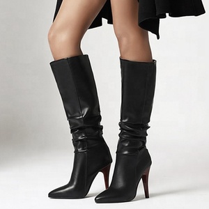 Plicated Design Fashion Big Size 43 Women Pointed Toe Knee High Boots <b>Slip</b>-on Thin High Heel <b>Long</b> Booties for Ladies - Product Image 3