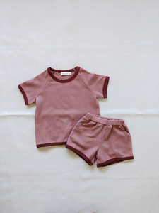 ชุดเสื้อผ้าฤดูร้อนแบบปรับแต่งได้สำหรับเด็กขนาดใหญ่พิเศษ2-Pcs ลายลำลองสีทึบตัดกับวาฟเฟิลผ้าฝ้ายสไตล์หวาน - Product Image 5