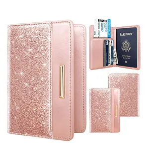 Couverture de passeport pour femmes, portefeuille avec bande élastique, accessoire de voyage à paillettes RFID, Bling Bling Bling