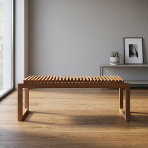 Banc de jardin en teck minimaliste moderne sans dossier, banc de patio en bois avec plateau à lattes fines - Product Image 2