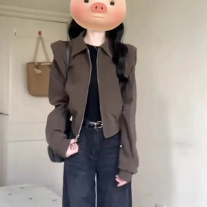 Dark Brown Short Padded Shoulder Lapel Jacket Women Autumn Casual Baseball Style Solid Color Woven Coat - Product Image 3