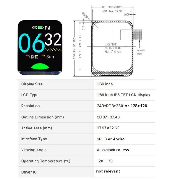 1.69 TFT Graphic LCD Display Module with ST7789 Driver IC