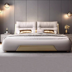 Lit en cuir de luxe léger, minimaliste, pour chambre principale, haut de gamme et atmosphérique, lit double - Product Image 1