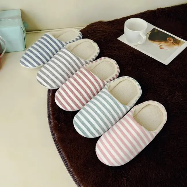 Winter New soft sole velvet striped wood floor indoor silent slippers couples warm comfortable Cotton shoes