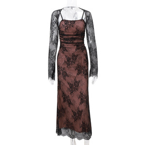 Ensemble de robe en dentelle 2 pièces pour femmes, robe longue à bretelles spaghetti avec boléro en dentelle assorti pour les robes de soirée, mode - Product Image 3