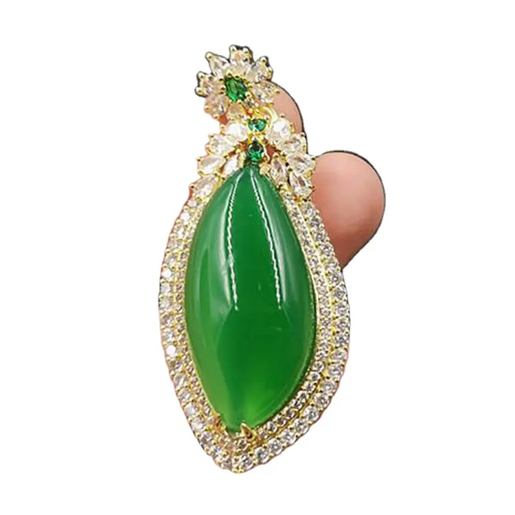 925 Bright Gold Inlaid Green Chalcedony Willow Leaf Pendant, Emerald Green Agate S-Shaped Pendant