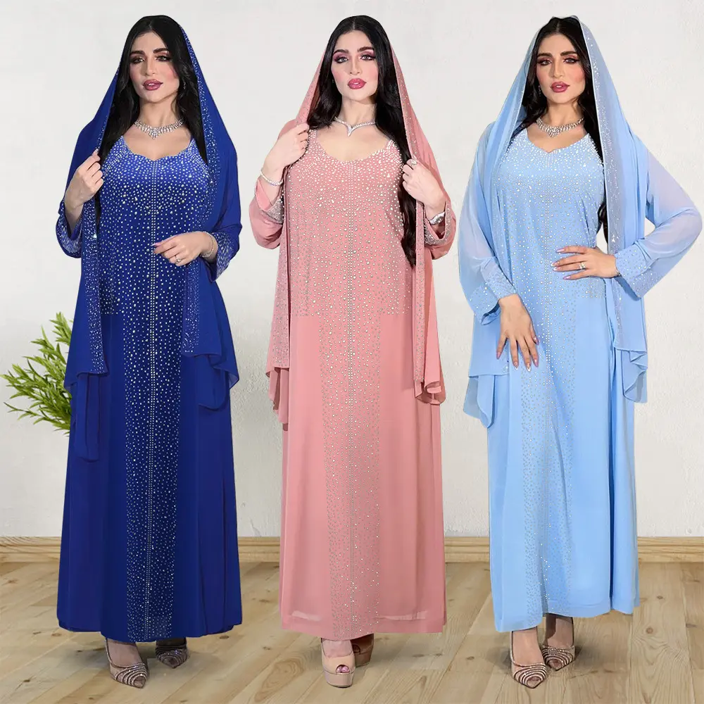 2802 Kuwii, оптовая продажа, новинка, 2023, бриллиантовые бусинки, абайя, мусульманское арабское женское шифоновое платье с вышивкой, Длинное Макси-халат