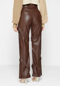 Women Custom High Waist Straight Leg Cargo Pockets Straps Invisible Zipper Hem Faux Vegan Leather Pants