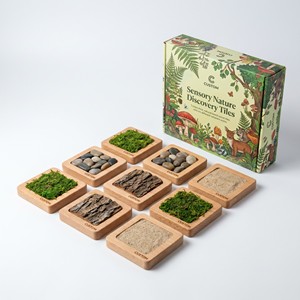 Tuiles sensorielles Montessori personnalisées en bois, thème <span class=keywords><strong>nature</strong></span> (mousse, pierre, écorce, sable), coffret cadeau coloré, jouet éducatif personnalisé OEM - Product Image 1