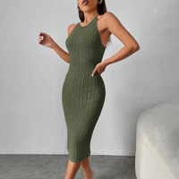 Robe moulante élégante sans manches pour femme avec col halter en maille côtelée, fente unie, mini-robe décontractée et mignonne