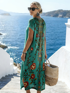 Vestido de punto floral verde esmeralda para mujer, vestido midi de verano con cuello en V y manga corta, malla pointelle, 100% poliéster, estampado, ropa de resort - Product Image 3