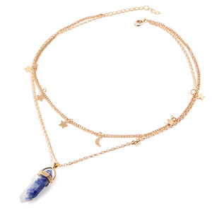 Collar con colgante de amatista de cristal de péndulo Hexagonal de piedra Natural, collar de cadena con capas de estrella y Luna para mujer - Product Image 3
